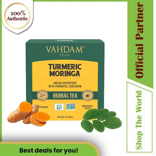 Vahdam Turmeric Moringa Herbal Tea Tisane (15 Tea Bags)