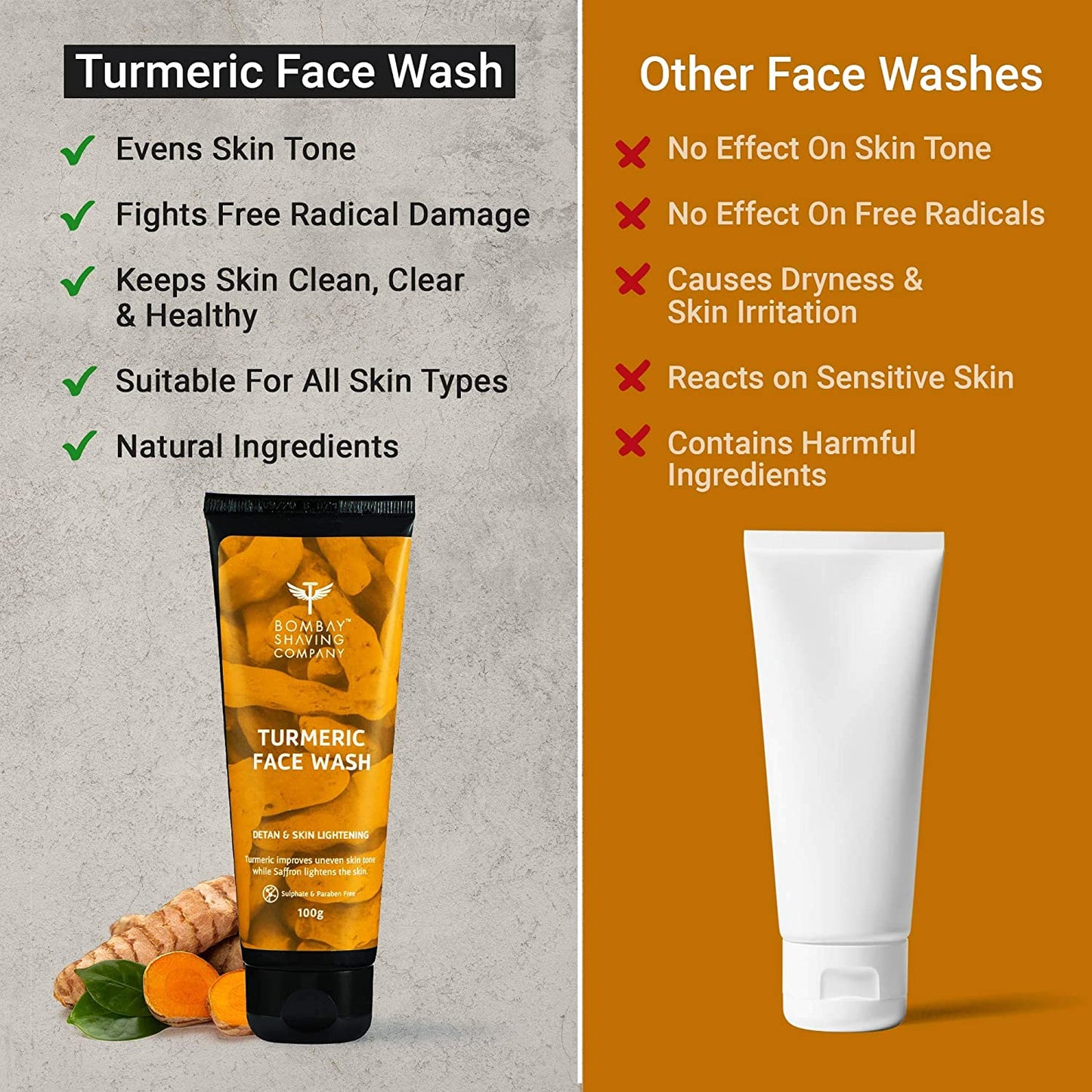 Bombay Shaving Company Tan Removal & Skin Lightening Turmeric Face Wash with Saffron Extracts - 100 gm  (Expiring July 2024)