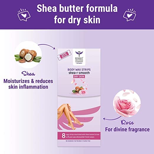 Bombae AloehaGlow Body Wax Strips With Shea Butter For Dry Skin (8 Strips + 2 Wipes)