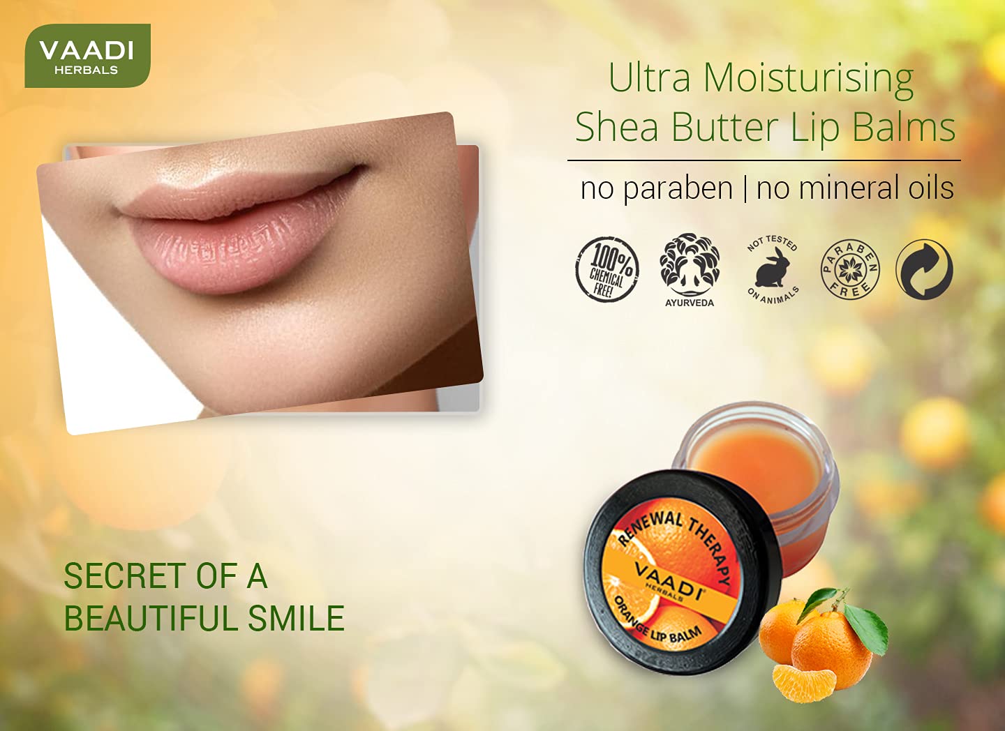 Vaadi Herbals Organic Lip Balm with Orange & Shea Butter - Lip Renewing Therapy, 6 gm