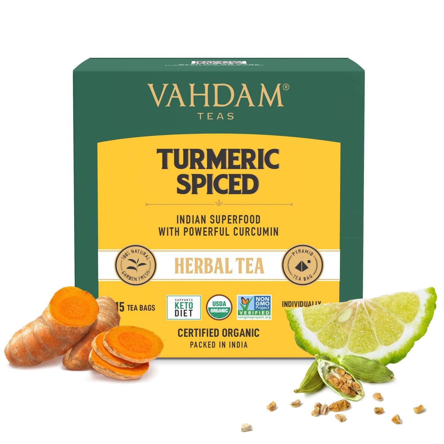 Vahdam Turmeric Spiced Herbal Tea (15 Tea Bags)