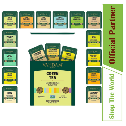 Vahdam Green Tea Assorted Sampler 15 Flavours - (15 Tea bags)