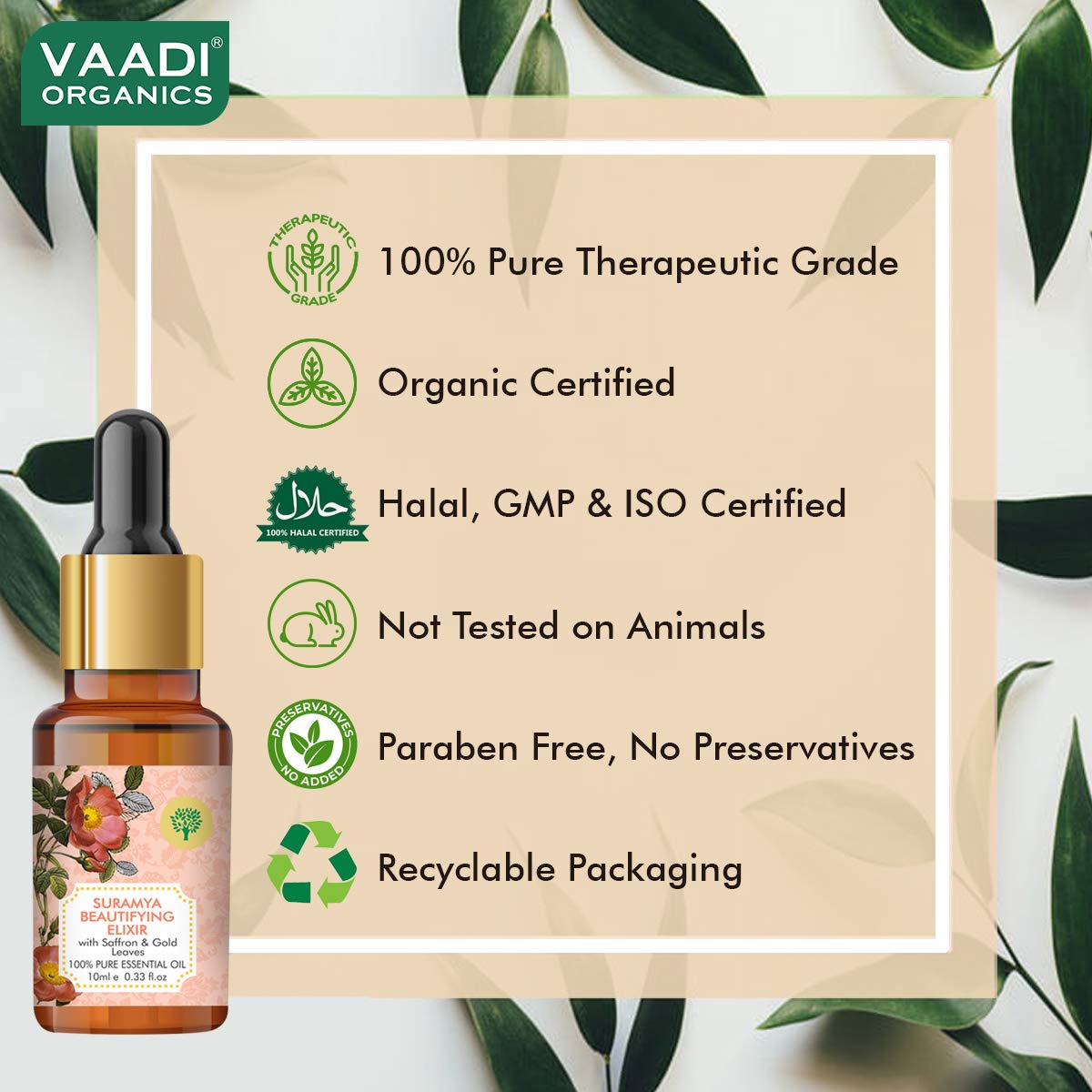 Vaadi Herbals Organic Suramya Beautifying Elixr (Pure Mix of Saffron, 24k Gold Leaves & Sweet Almond Oil) - Reduces Fine Lines, Improves Skin Complexion & Gives a Natural Glow, 10 ml
