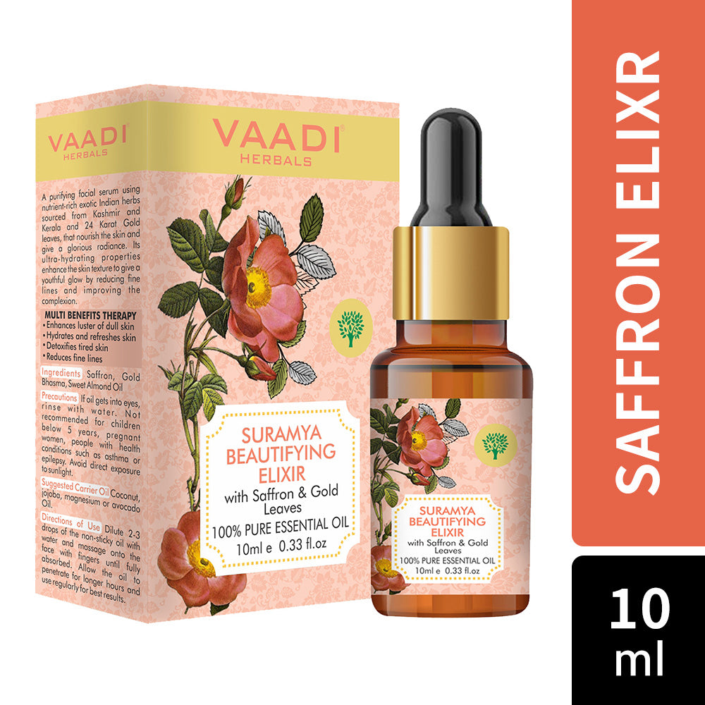 Vaadi Herbals Organic Suramya Beautifying Elixr (Pure Mix of Saffron, 24k Gold Leaves & Sweet Almond Oil) - Reduces Fine Lines, Improves Skin Complexion & Gives a Natural Glow, 10 ml
