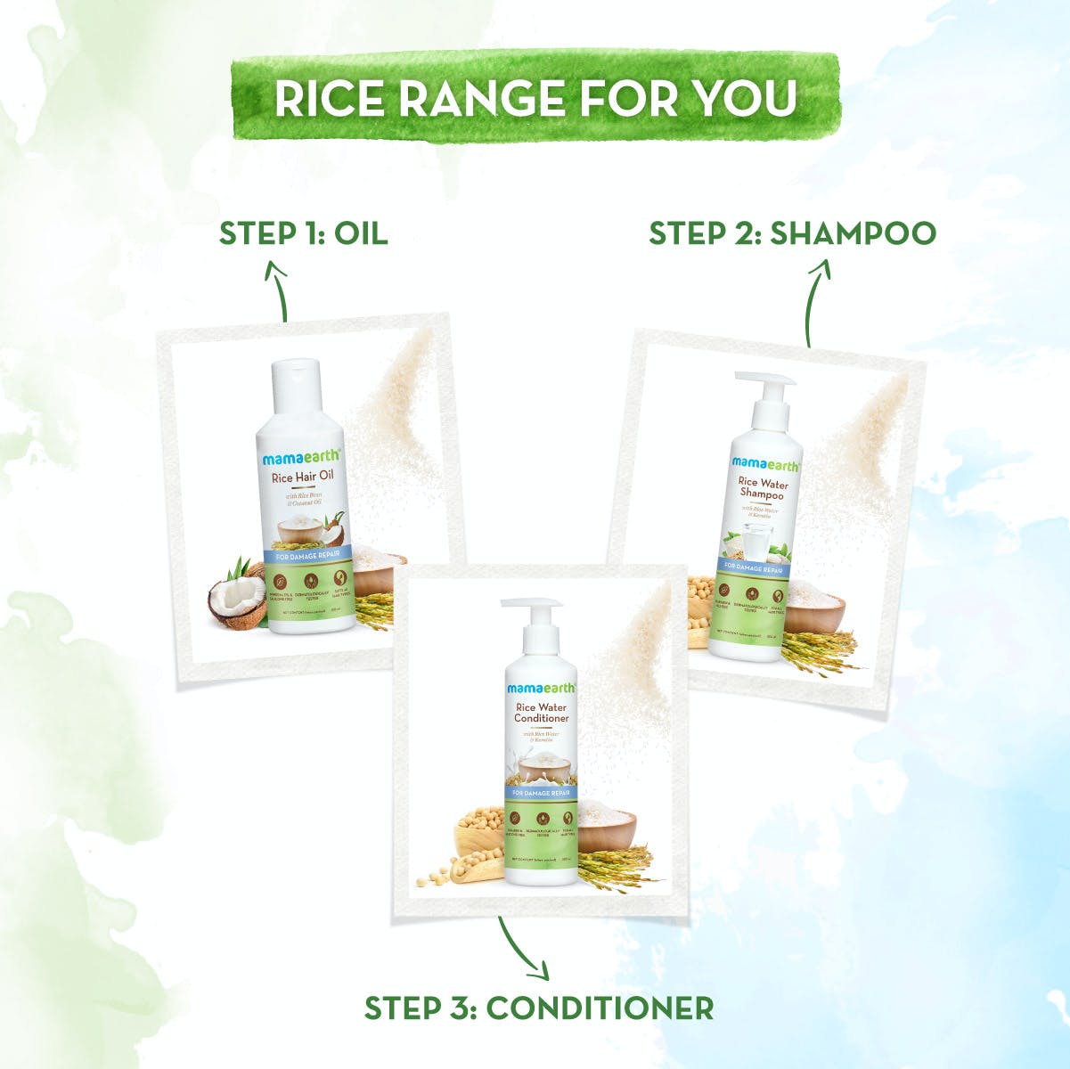 Mamaearth Hair Damage Repair Rice Water & Keratin Trio (Oil - 150ml + Shampoo - 250 ml + Conditioner - 250 ml)