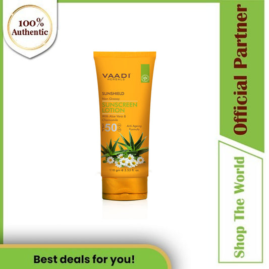 Vaadi Herbals Organic Non Greasy Sunscreen Lotion with Aloe Vera & Chamomile SPF-50, 110 ml