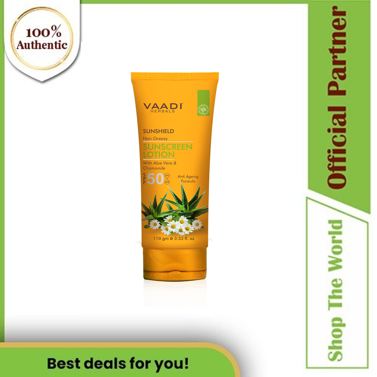 Vaadi Herbals Organic Non Greasy Sunscreen Lotion with Aloe Vera & Chamomile SPF-50, 110 ml (Expiring Sept. 2024)