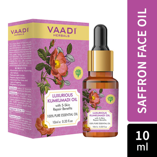 Vaadi Herbals Organic Luxurious Kumkumadi Oil (Pure Mix of Saffron, Sandalwood, Manjistha & Almond Oil) - Reduces Dark Circles, Pigmentation & Brightens Complexion, 10 ml