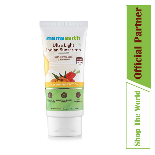 Mamaearth Ultra Light Indian Sunscreen with Carrot Seed, Turmeric and SPF 50 PA+++ - 80g
