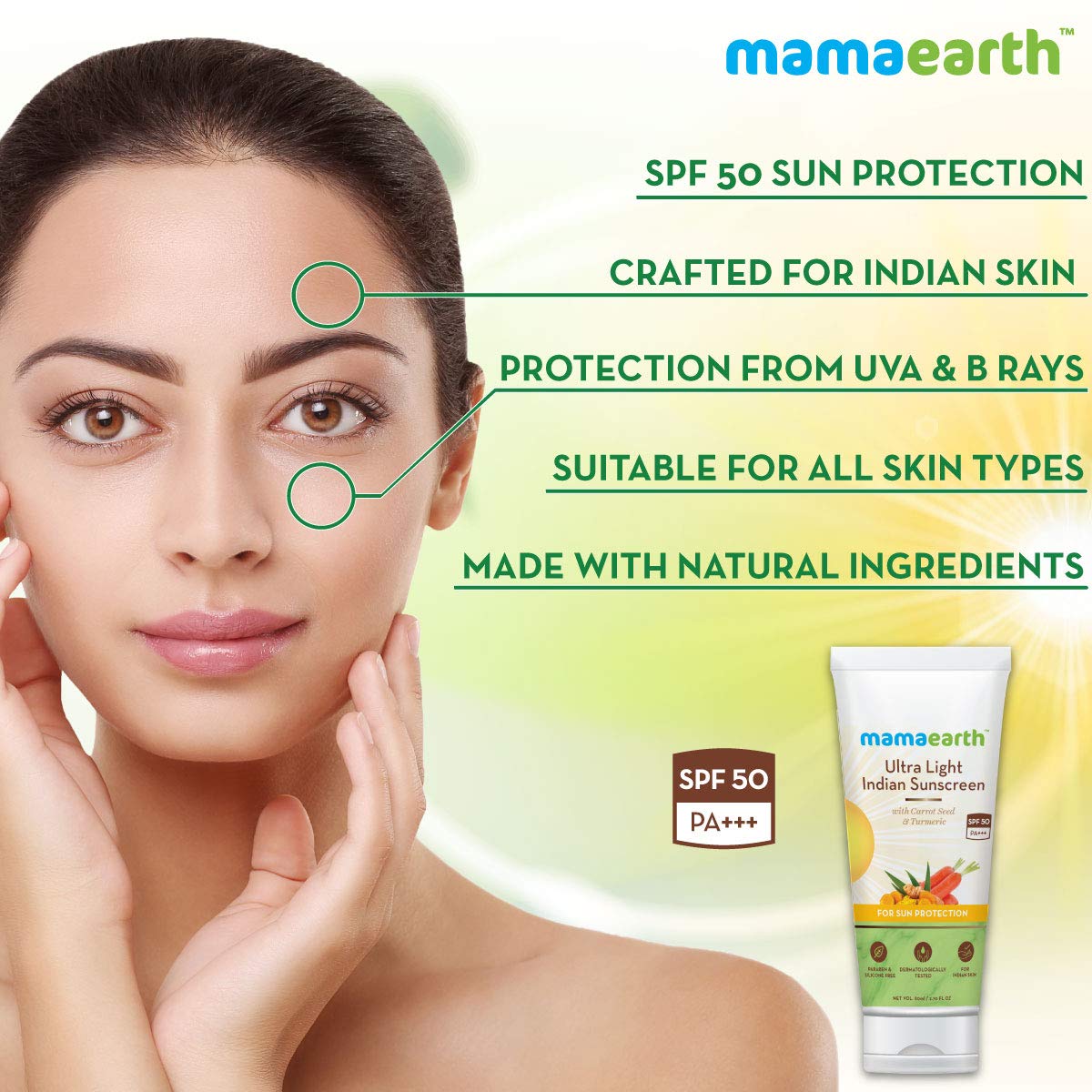 Mamaearth Ultra Light Indian Sunscreen with Carrot Seed, Turmeric and SPF 50 PA+++ - 80g